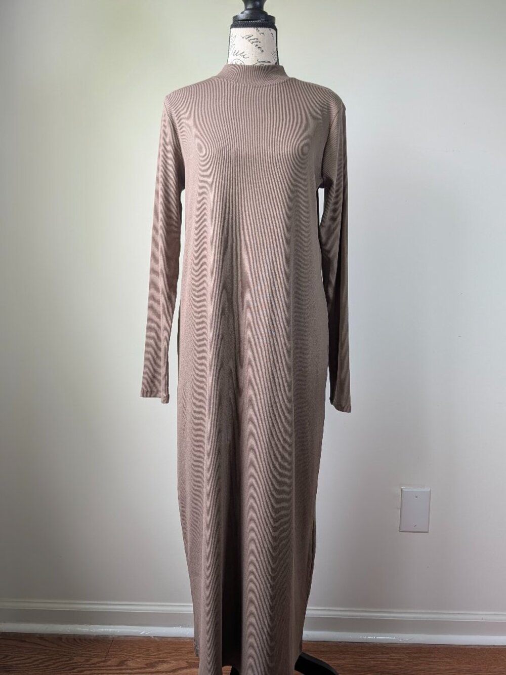 ZARA NWT Rib Mock Neck Midi Maxi Dress M Mink Long Sleeve Stretch Cotton Blend